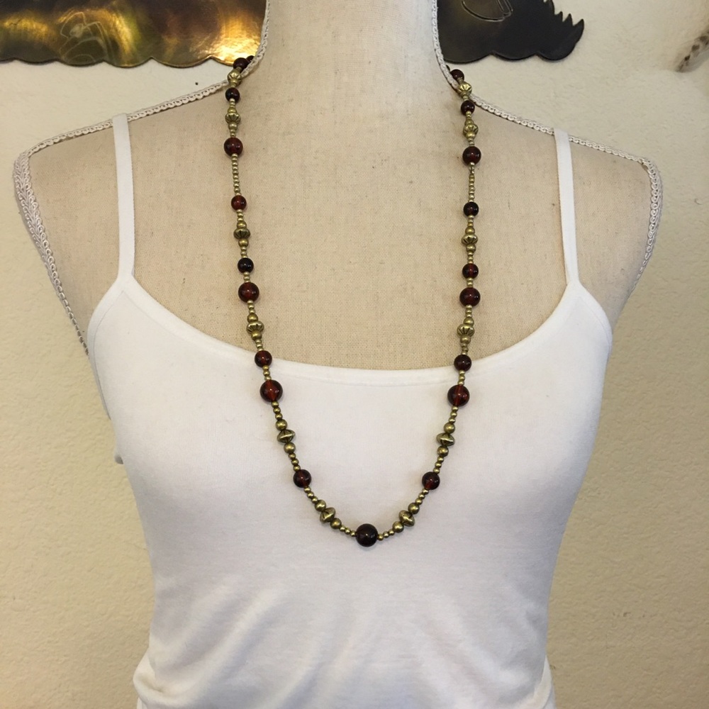 Vintage amber and gold tone beaded long necklace